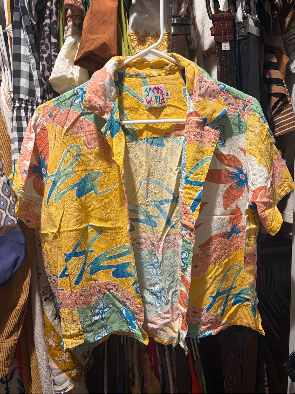 Jams World Yellow Tropical Floral Button Up Hawaiian Shirt Size M